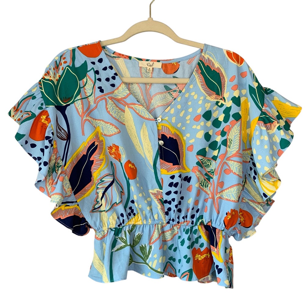 Easel Floral Print Blouse Ruffle Sleeve Button‎ Down Top Small